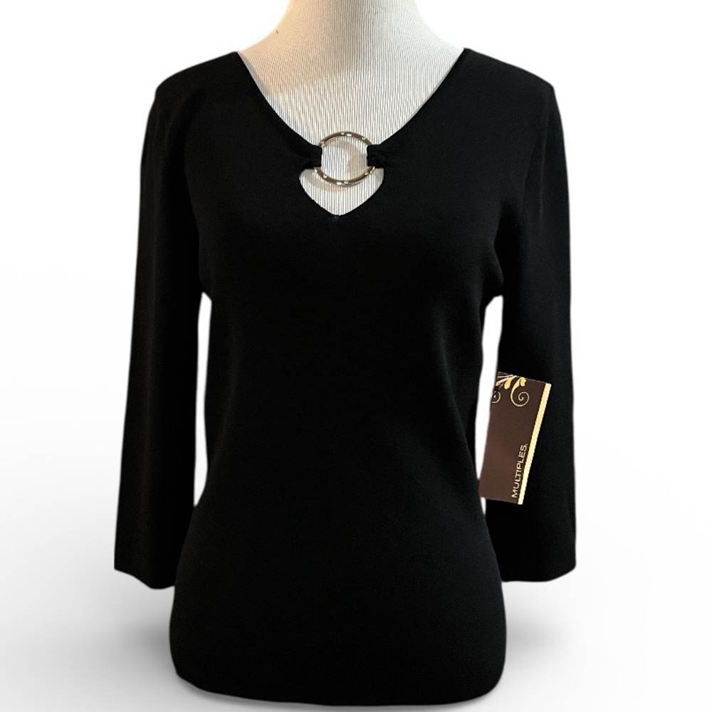 MULTIPLES THREE QUARTER SLEEVE EMBELLISHED V NECK TOP BLK SIZE PL NEW WITH TAGS